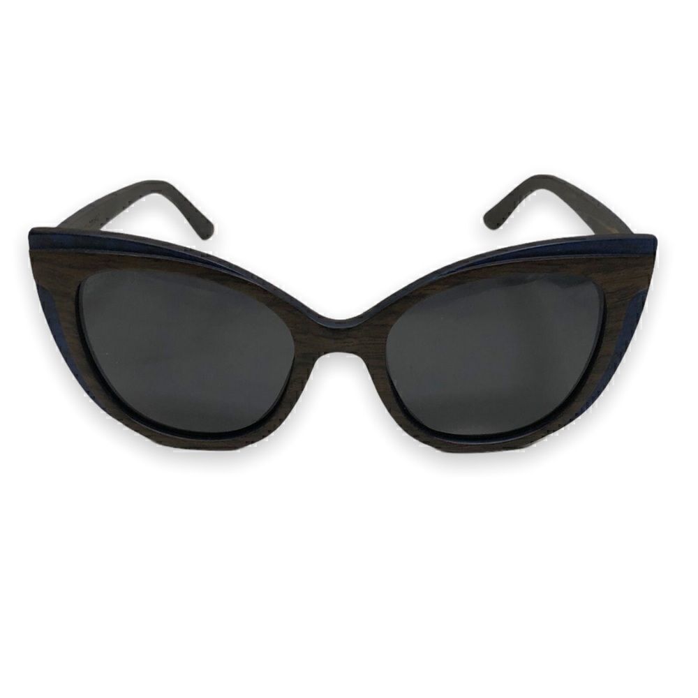 Transparent Cat Eye Sunglasses MELINA in Brown/Blue Wood Tones with Case